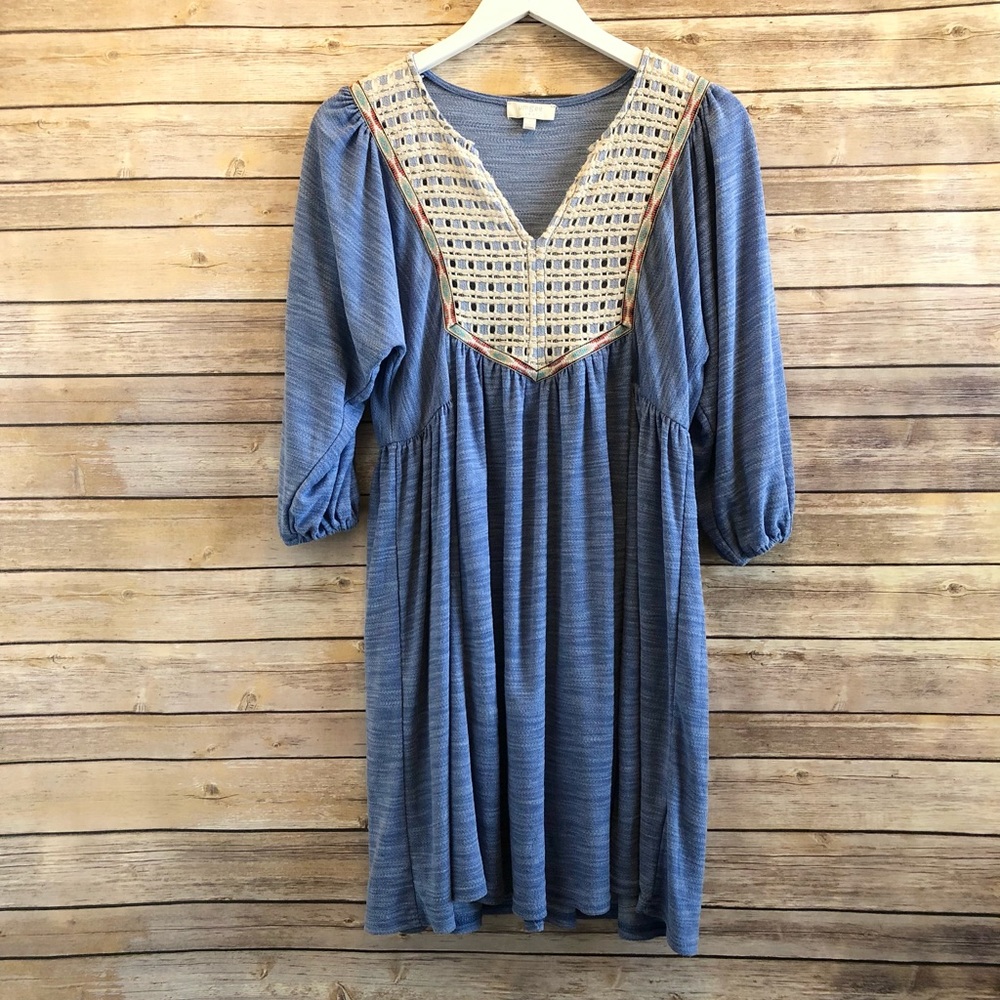 Umgee Blue Peasant Bohemian Embroidered Dress Size Small